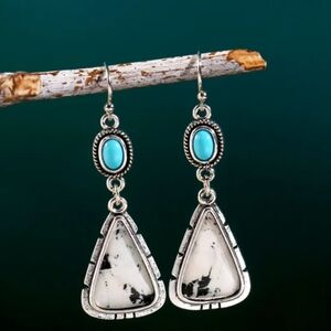 Vintage Elegant Hook Drop Earrings Inlaid Triangle Shape Marbling Stone.